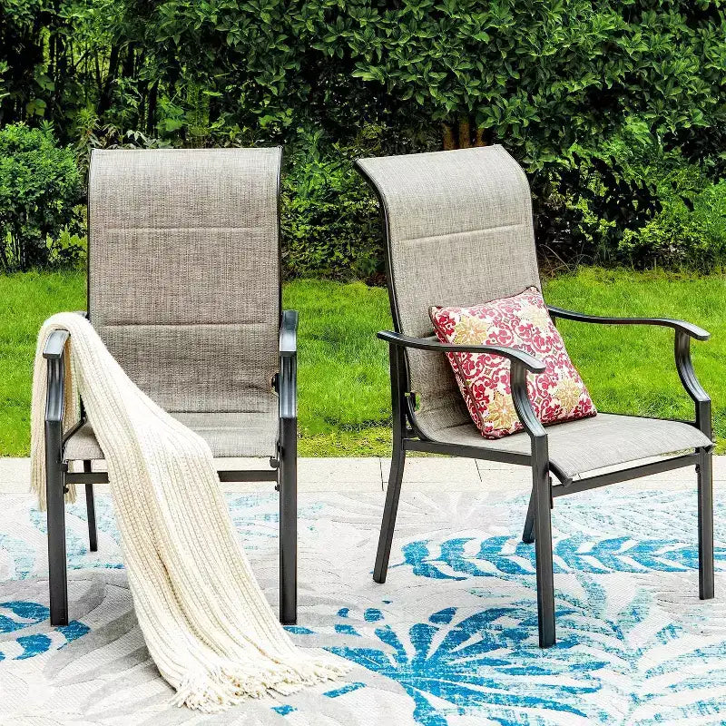 Captiva Designs - Ensemble de 8 pièces pour salle à manger d'extérieur, comprenant une table rectangulaire en acier, des chaises rembourrées avec assise en toile tendue et un parasol de marché.