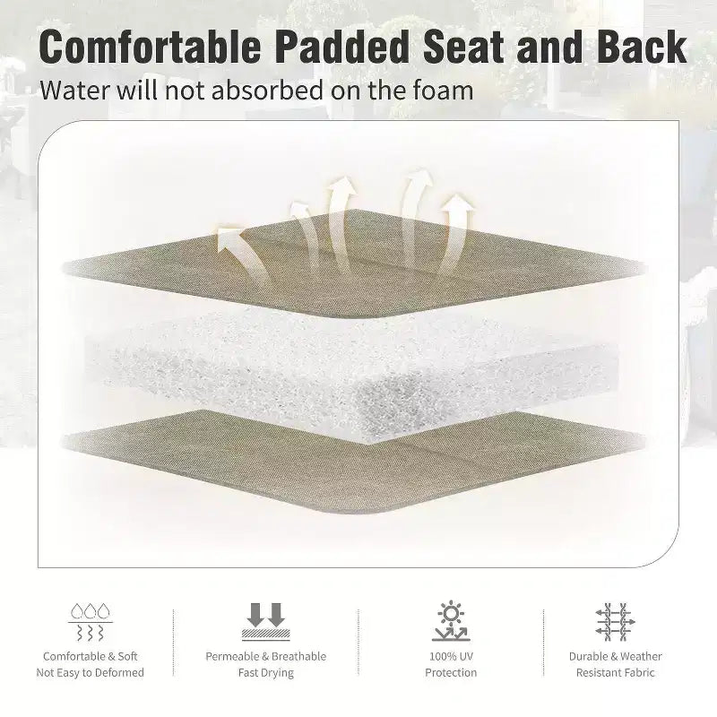Captiva Designs - Ensemble de 8 pièces pour salle à manger d'extérieur, comprenant une table rectangulaire en acier, des chaises rembourrées avec assise en toile tendue et un parasol de marché.