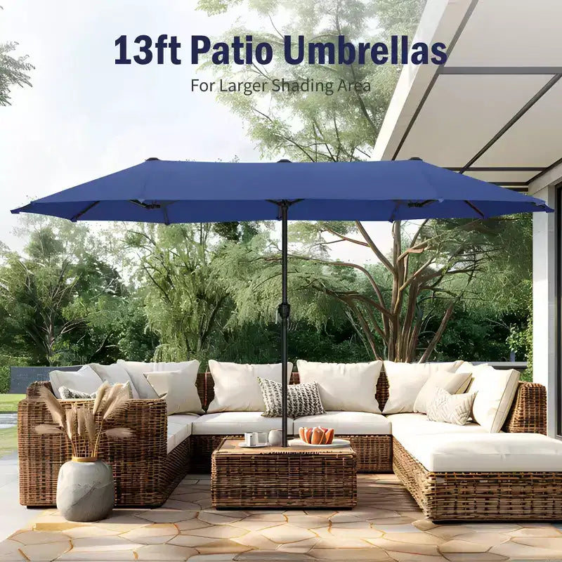 Captiva Designs - Ensemble de 8 pièces pour salle à manger d'extérieur, comprenant une table rectangulaire en acier, des chaises rembourrées avec assise en toile tendue et un parasol de marché.