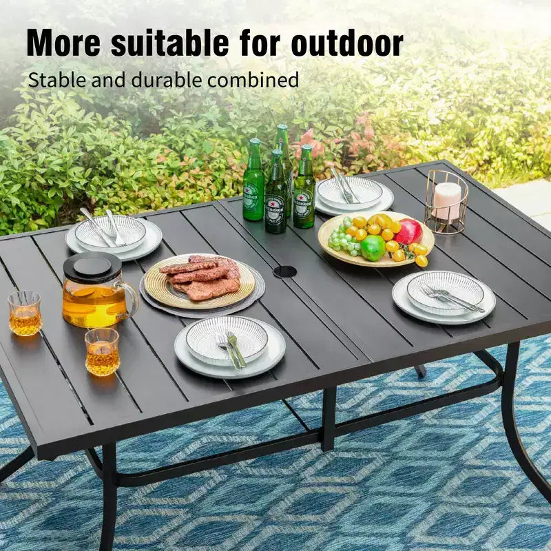Captiva Designs - Ensemble de 8 pièces pour salle à manger d'extérieur, comprenant une table rectangulaire en acier, des chaises rembourrées avec assise en toile tendue et un parasol de marché.