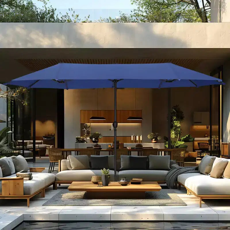 Captiva Designs - Ensemble de 8 pièces pour salle à manger d'extérieur, comprenant une table rectangulaire en acier, des chaises rembourrées avec assise en toile tendue et un parasol de marché.