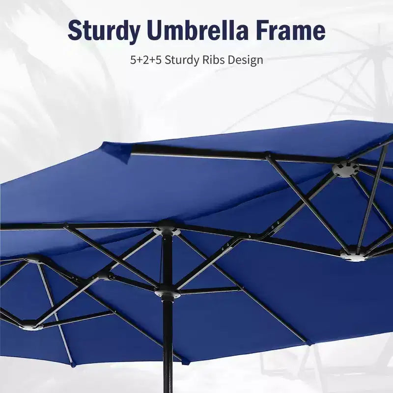 Captiva Designs - Ensemble de 8 pièces pour salle à manger d'extérieur, comprenant une table rectangulaire en acier, des chaises rembourrées avec assise en toile tendue et un parasol de marché.