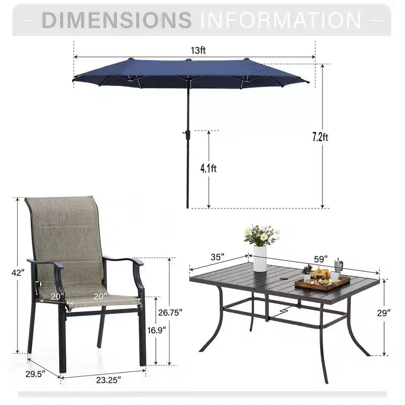 Captiva Designs - Ensemble de 8 pièces pour salle à manger d'extérieur, comprenant une table rectangulaire en acier, des chaises rembourrées avec assise en toile tendue et un parasol de marché.
