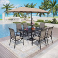 Captiva Designs 8pc Outdoor Dining Rectangle Steel Table & Padded Sling Armchairs & Market Umbrella