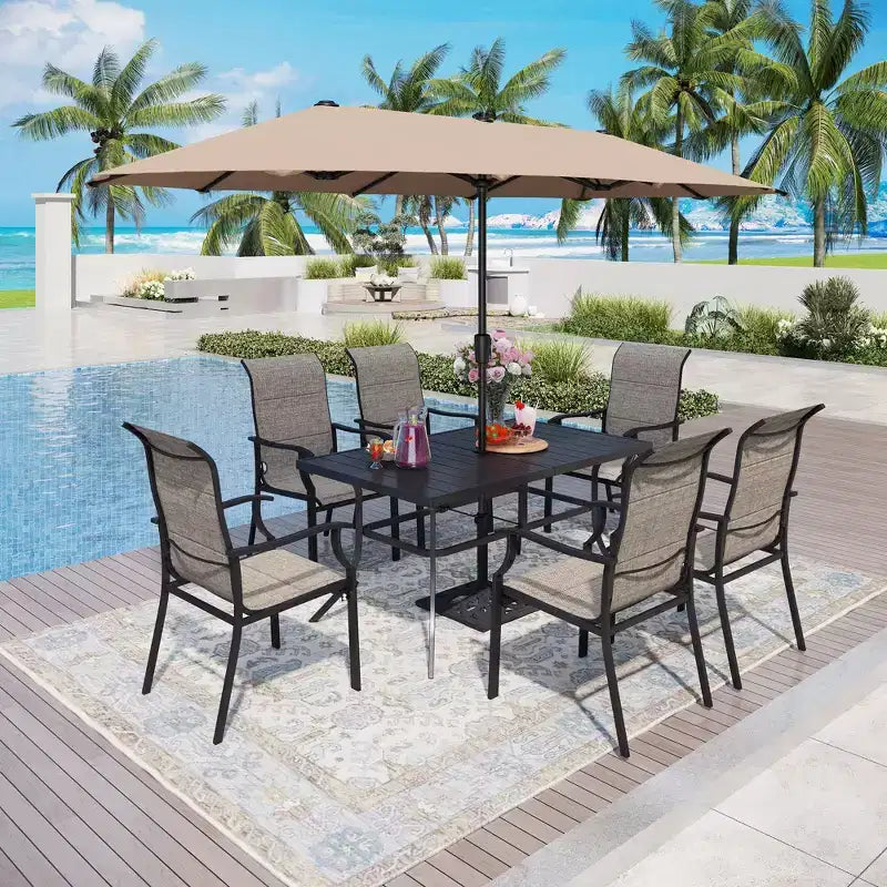 Captiva Designs 8pc Outdoor Dining Rectangle Steel Table & Padded Sling Armchairs & Market Umbrella