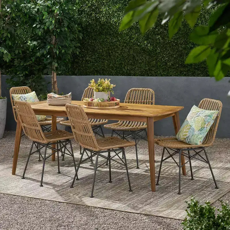 Ensemble de salle à manger 7 pièces Christopher Knight Home Sawtelle en osier et bois d'acacia