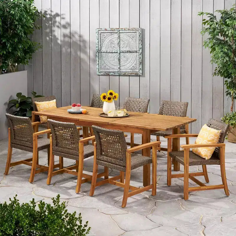 Christopher Knight Home Edgewood Outdoor Acacia Wood and Wicker 9 Piece Dining Set, Teak/Mixed Mocha