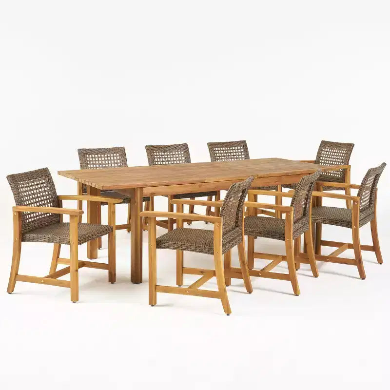 Ensemble de salle à manger d'extérieur 9 pièces Christopher Knight Home Edgewood en bois d'acacia et osier, teck/moka mélangé