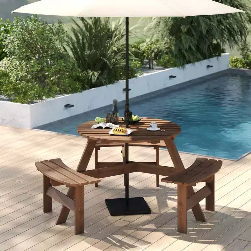 Table de pique-nique ronde Costway 6 places avec 3 bancs intégrés, 2 trous pour parasol, Marron/Jaune