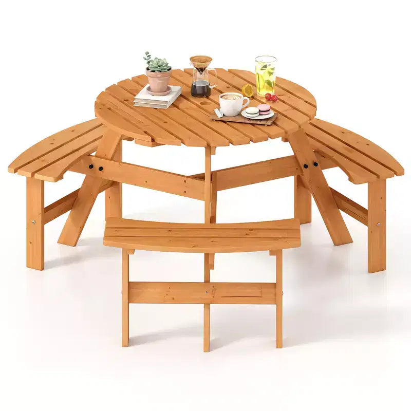 Table de pique-nique ronde Costway 6 places avec 3 bancs intégrés, 2 trous pour parasol, Marron/Jaune