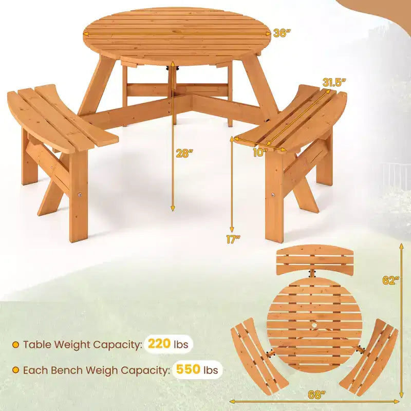 Table de pique-nique ronde Costway 6 places avec 3 bancs intégrés, 2 trous pour parasol, Marron/Jaune
