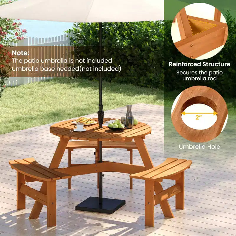 Table de pique-nique ronde Costway 6 places avec 3 bancs intégrés, 2 trous pour parasol, Marron/Jaune