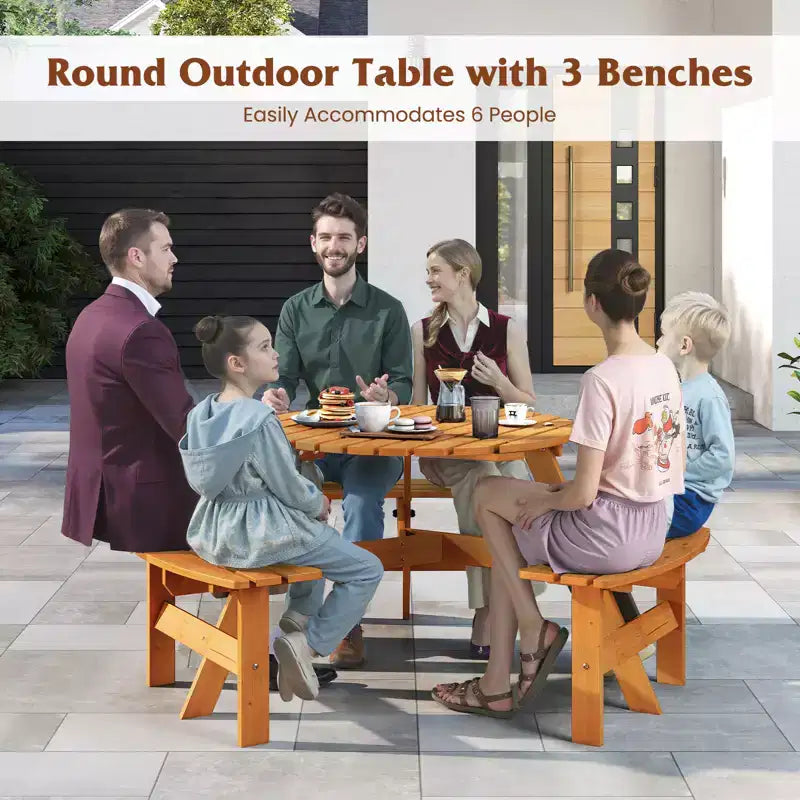 Table de pique-nique ronde Costway 6 places avec 3 bancs intégrés, 2 trous pour parasol, Marron/Jaune