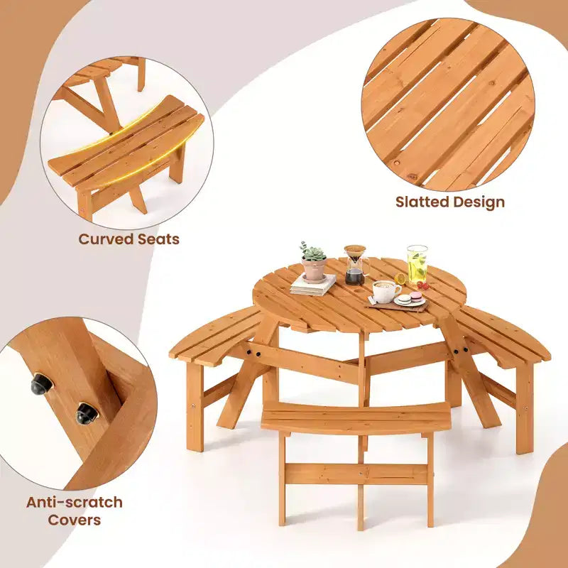 Table de pique-nique ronde Costway 6 places avec 3 bancs intégrés, 2 trous pour parasol, Marron/Jaune