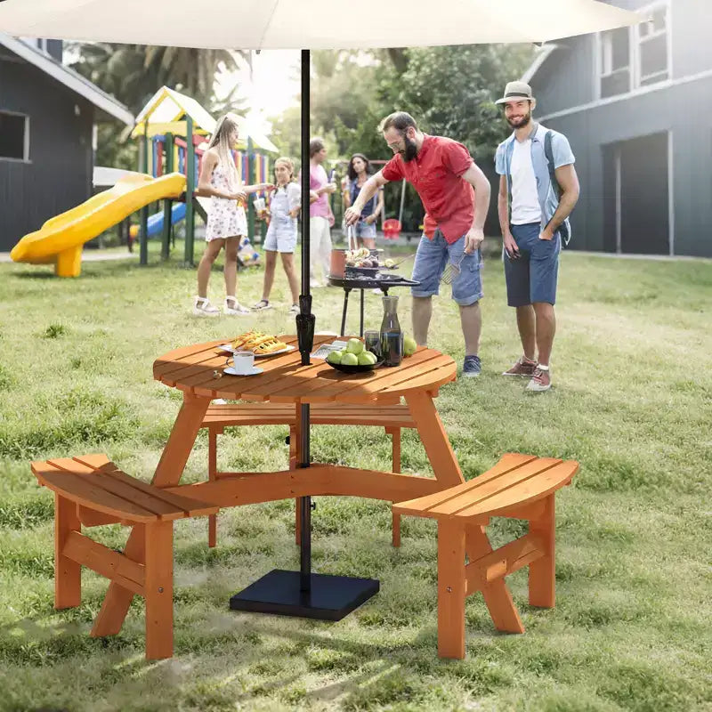 Table de pique-nique ronde Costway 6 places avec 3 bancs intégrés, 2 trous pour parasol, Marron/Jaune