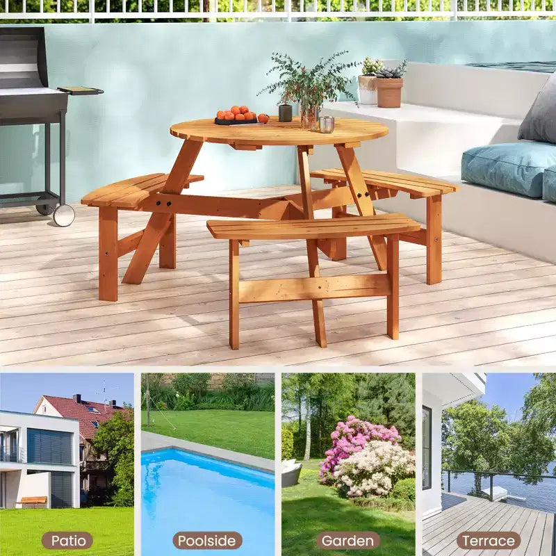 Table de pique-nique ronde Costway 6 places avec 3 bancs intégrés, 2 trous pour parasol, Marron/Jaune