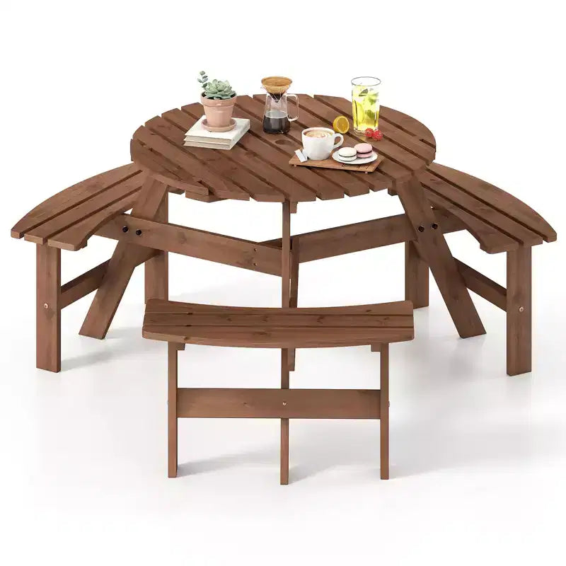 Table de pique-nique ronde Costway 6 places avec 3 bancs intégrés, 2 trous pour parasol, Marron/Jaune