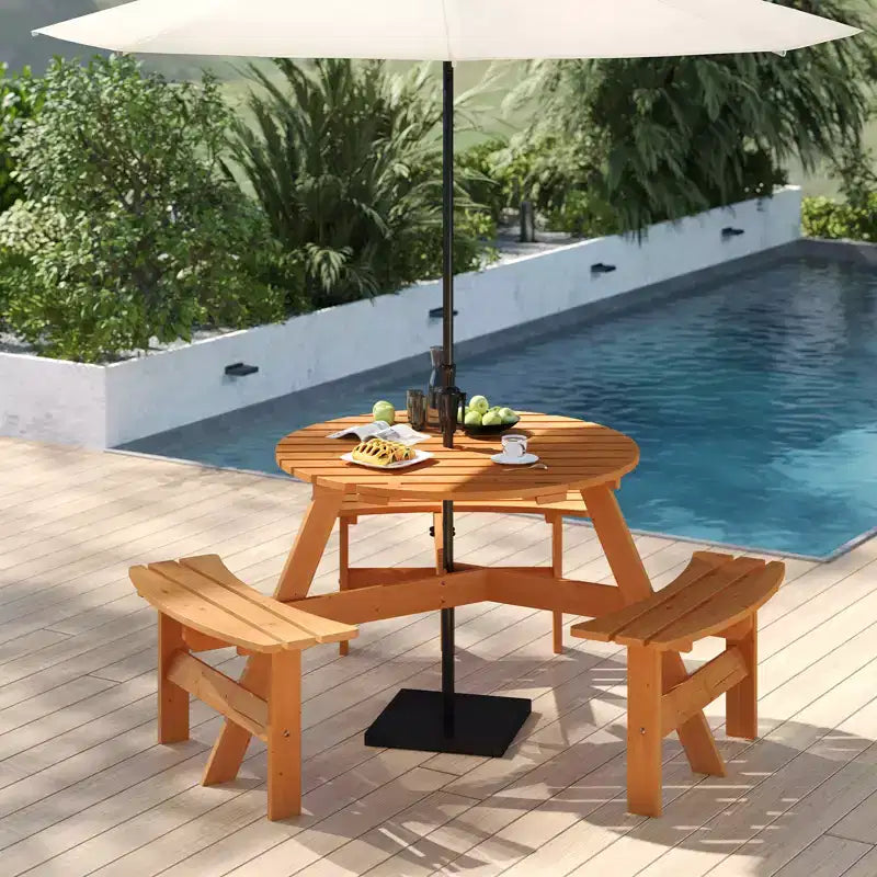 Table de pique-nique ronde Costway 6 places avec 3 bancs intégrés, 2 trous pour parasol, Marron/Jaune