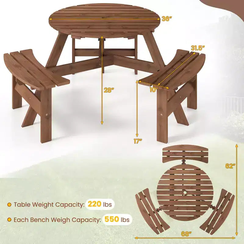 Table de pique-nique ronde Costway 6 places avec 3 bancs intégrés, 2 trous pour parasol, Marron/Jaune