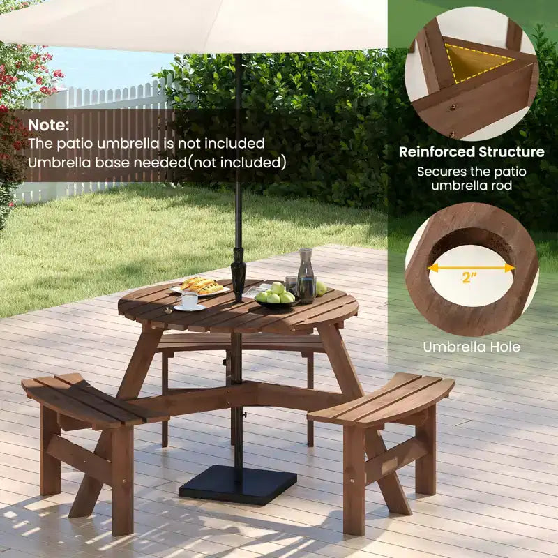 Table de pique-nique ronde Costway 6 places avec 3 bancs intégrés, 2 trous pour parasol, Marron/Jaune