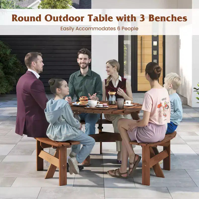 Table de pique-nique ronde Costway 6 places avec 3 bancs intégrés, 2 trous pour parasol, Marron/Jaune