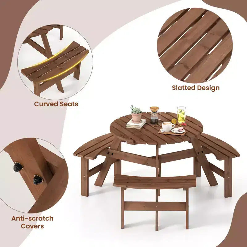 Table de pique-nique ronde Costway 6 places avec 3 bancs intégrés, 2 trous pour parasol, Marron/Jaune