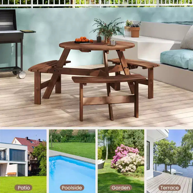 Table de pique-nique ronde Costway 6 places avec 3 bancs intégrés, 2 trous pour parasol, Marron/Jaune