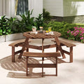 Costway 6-Person Round Picnic Table Set with 3 Built-in Benches 2 Umbrella Hole, Brown/Yellow