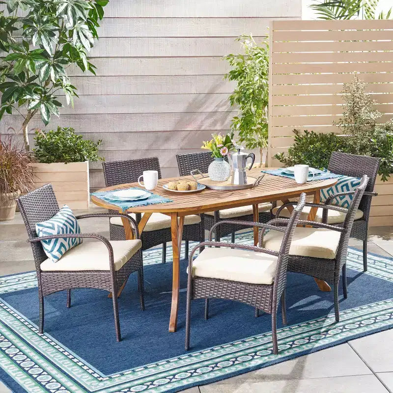 Ensemble de salle à manger d'extérieur 7 pièces en bois d'acacia et osier avec coussins Christopher Knight Home Mason