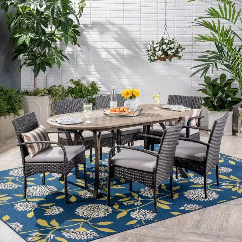 Christopher Knight Home Mason Outdoor Acacia Wood and Wicker 7 Piece Dining Set with Cushions