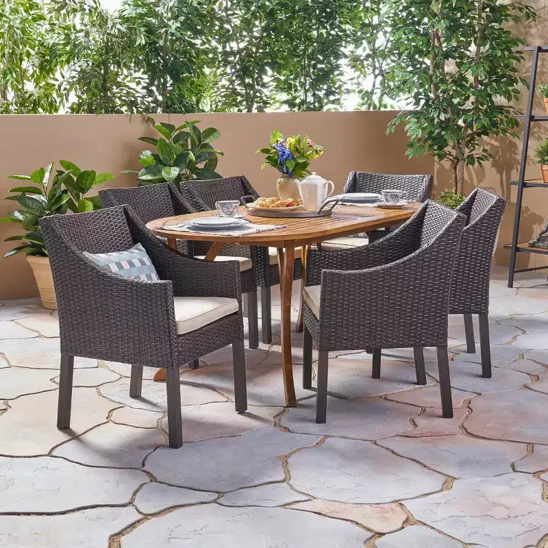 Christopher Knight Home Vermont Outdoor Acacia Wood and Wicker 7 Piece Dining Set with Cushions