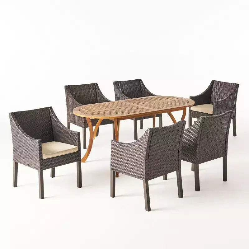 Christopher Knight Home Vermont Ensemble de salle à manger 7 pièces d'extérieur en bois d'acacia et osier avec coussins