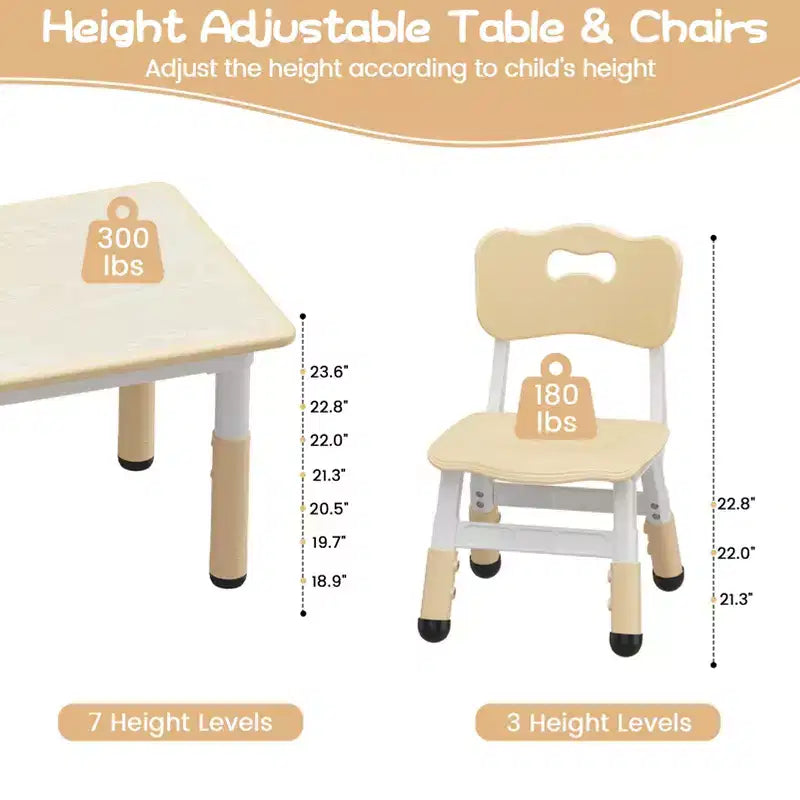 Ensemble table et 4 chaises pour enfants avec plateau en aggloméré, pieds antidérapants, facile à nettoyer, réglable en hauteur, durable et robuste pour les 2-10 ans