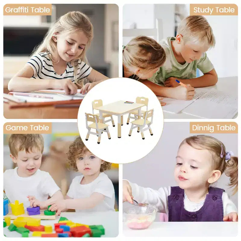 Ensemble table et 4 chaises pour enfants avec plateau en aggloméré, pieds antidérapants, facile à nettoyer, réglable en hauteur, durable et robuste pour les 2-10 ans