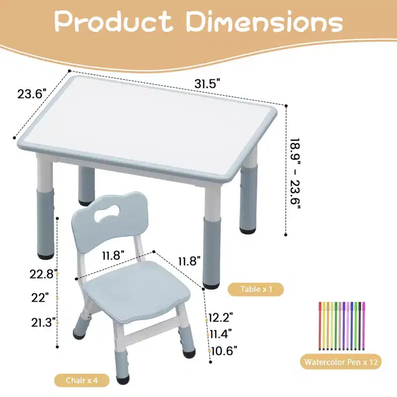 Ensemble table et 4 chaises pour enfants avec plateau en aggloméré, pieds antidérapants, facile à nettoyer, réglable en hauteur, durable et robuste pour les 2-10 ans