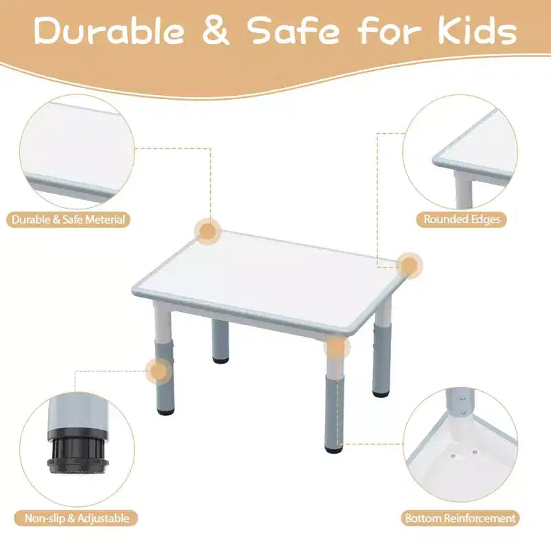 Ensemble table et 4 chaises pour enfants avec plateau en aggloméré, pieds antidérapants, facile à nettoyer, réglable en hauteur, durable et robuste pour les 2-10 ans