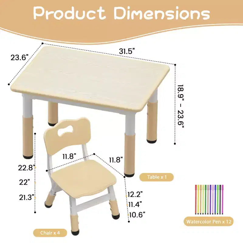 Ensemble table et 4 chaises pour enfants avec plateau en aggloméré, pieds antidérapants, facile à nettoyer, réglable en hauteur, durable et robuste pour les 2-10 ans