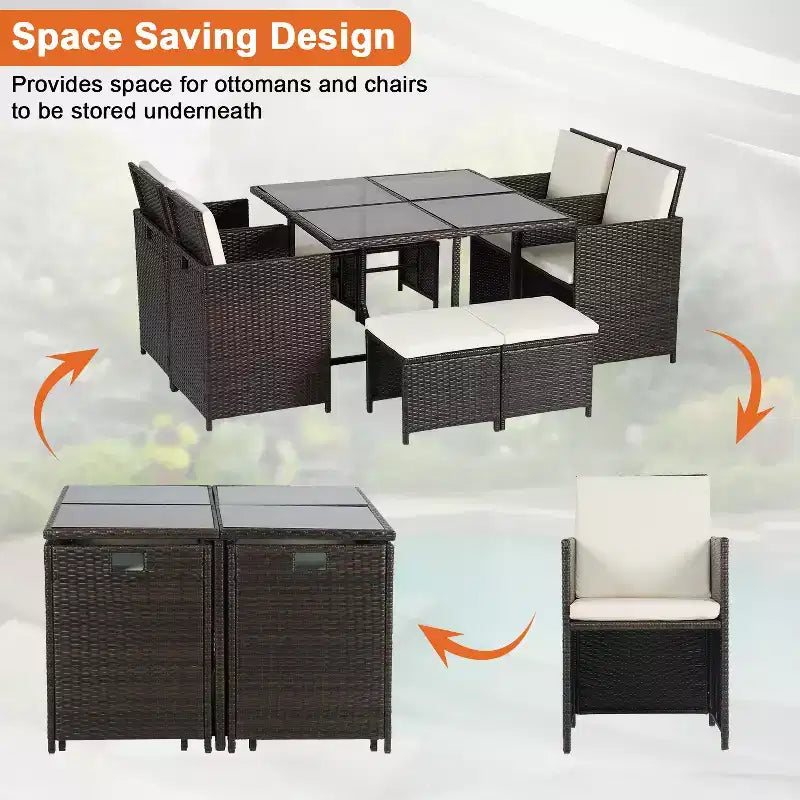 Ensemble de salle à manger FDW pour terrasse – Ensemble de mobilier d'extérieur 9 pièces avec table en verre, peu encombrant