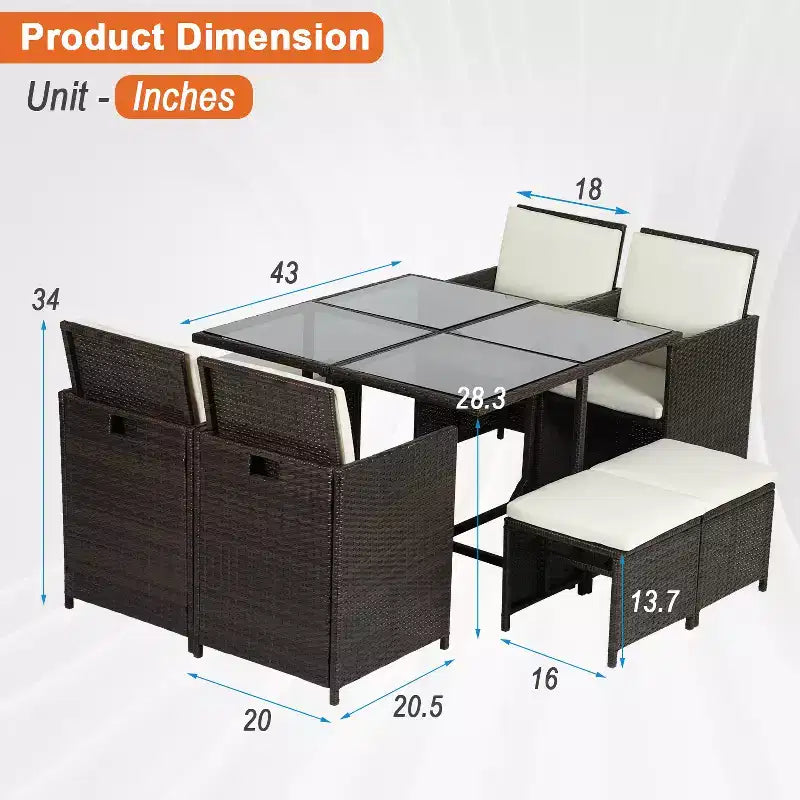 Ensemble de salle à manger FDW pour terrasse – Ensemble de mobilier d'extérieur 9 pièces avec table en verre, peu encombrant