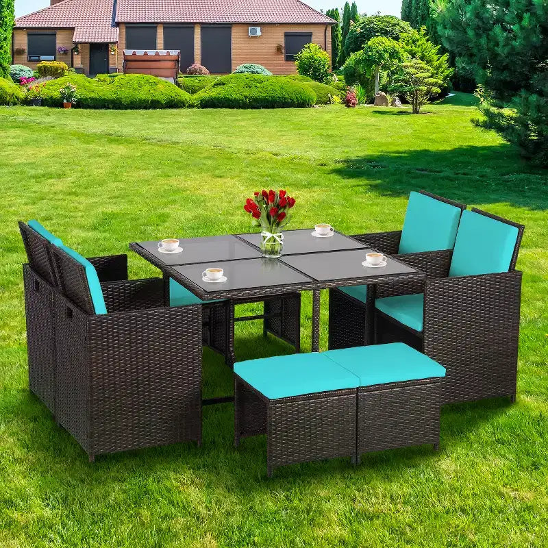 Ensemble de salle à manger FDW pour terrasse – Ensemble de mobilier d'extérieur 9 pièces avec table en verre, peu encombrant