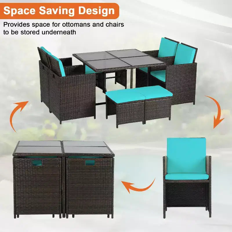 Ensemble de salle à manger FDW pour terrasse – Ensemble de mobilier d'extérieur 9 pièces avec table en verre, peu encombrant