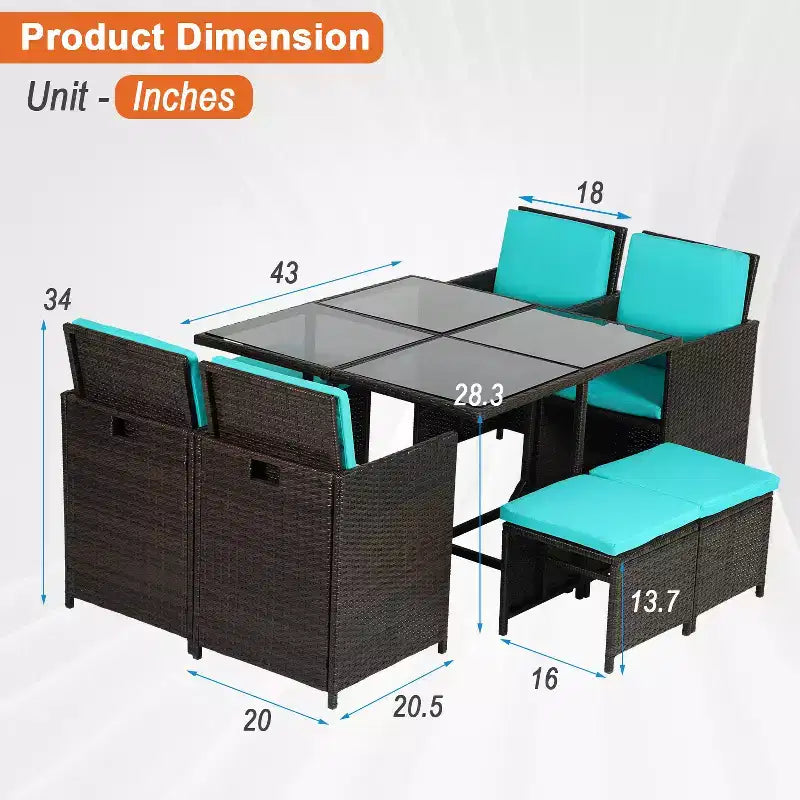 Ensemble de salle à manger FDW pour terrasse – Ensemble de mobilier d'extérieur 9 pièces avec table en verre, peu encombrant