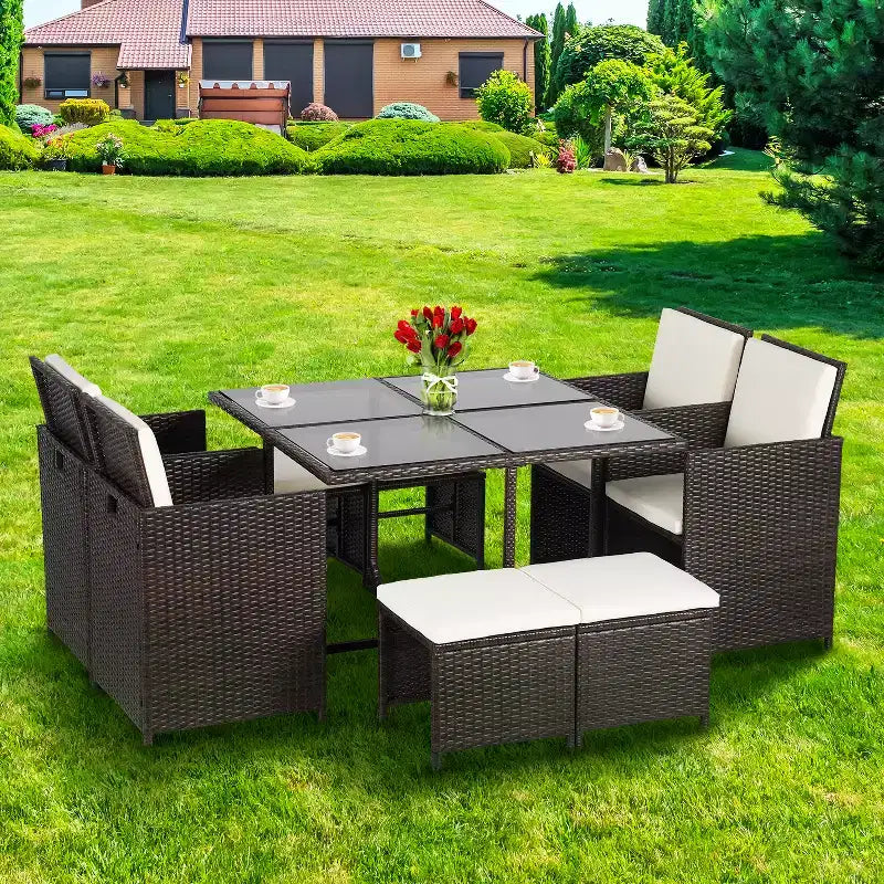 Ensemble de salle à manger FDW pour terrasse – Ensemble de mobilier d'extérieur 9 pièces avec table en verre, peu encombrant