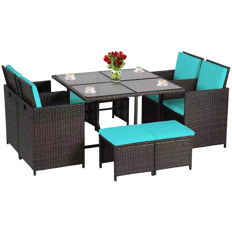 FDW Patio Dining Set Space-Saving 9-Piece Outdoor Patio Furniture Set with Glass-Topped Table