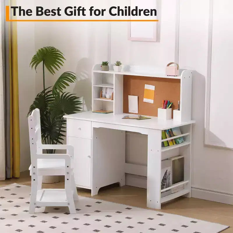 Bureau pour enfants, ensemble bureau et chaise pour garçons et filles, table d'écriture en bois pour enfants avec étagère, tableau d'affichage, armoire et tiroir pour les 3-8 ans
