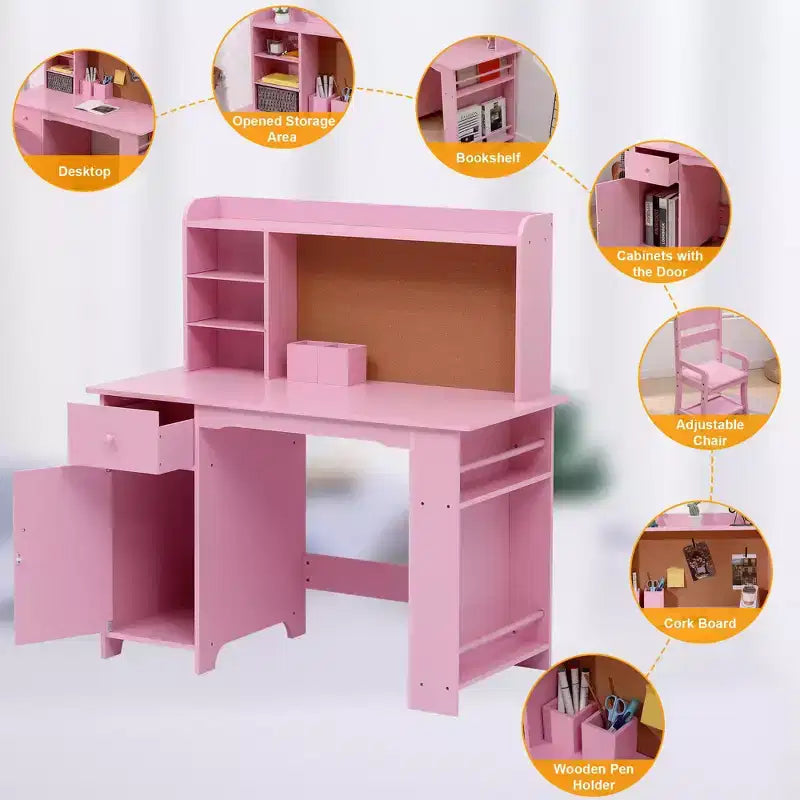 Bureau pour enfants, ensemble bureau et chaise pour garçons et filles, table d'écriture en bois pour enfants avec étagère, tableau d'affichage, armoire et tiroir pour les 3-8 ans