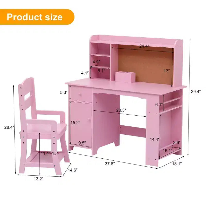 Bureau pour enfants, ensemble bureau et chaise pour garçons et filles, table d'écriture en bois pour enfants avec étagère, tableau d'affichage, armoire et tiroir pour les 3-8 ans