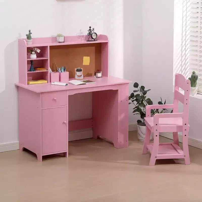 Bureau pour enfants, ensemble bureau et chaise pour garçons et filles, table d'écriture en bois pour enfants avec étagère, tableau d'affichage, armoire et tiroir pour les 3-8 ans