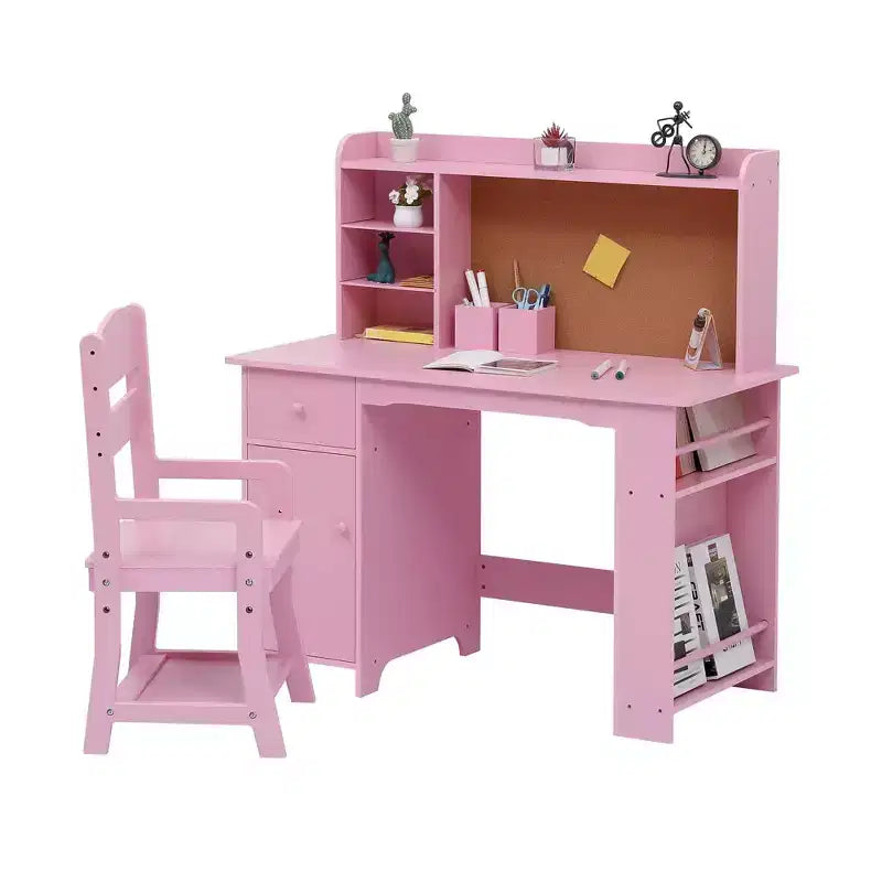 Bureau pour enfants, ensemble bureau et chaise pour garçons et filles, table d'écriture en bois pour enfants avec étagère, tableau d'affichage, armoire et tiroir pour les 3-8 ans