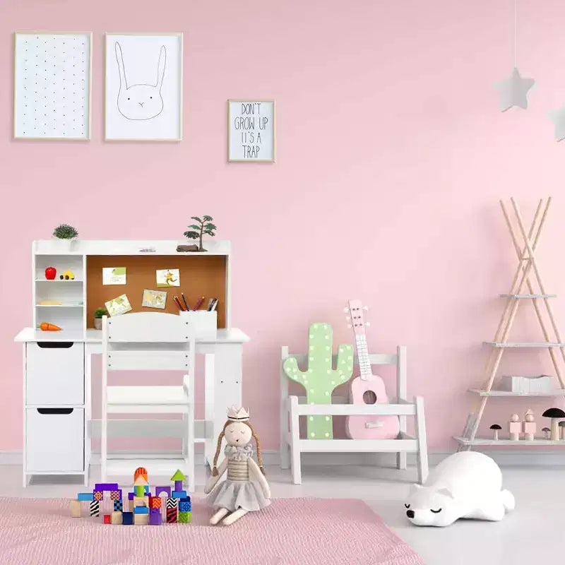 Bureau pour enfants, ensemble bureau et chaise pour garçons et filles, table d'écriture en bois pour enfants avec étagère, tableau d'affichage, armoire et tiroir pour les 3-8 ans